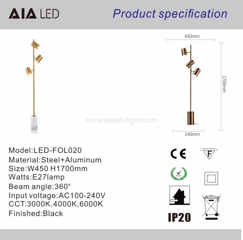 3‑Head Floor Lamp with Marble Base Adjustable Spotlight Standing Lamp 3‑Head Floor Lamp with Marble Base Adjustable Spotlight Standing Lamp