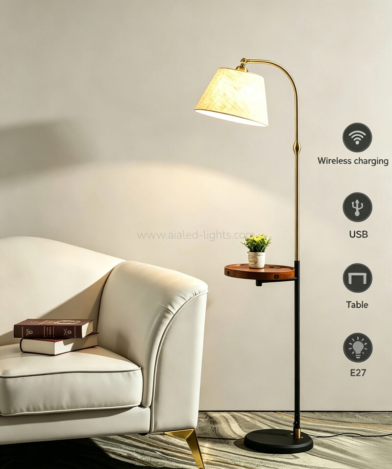 Floor Lamp Wireless Charger E27 USB Fabric Shade standard Light for Sofa side
