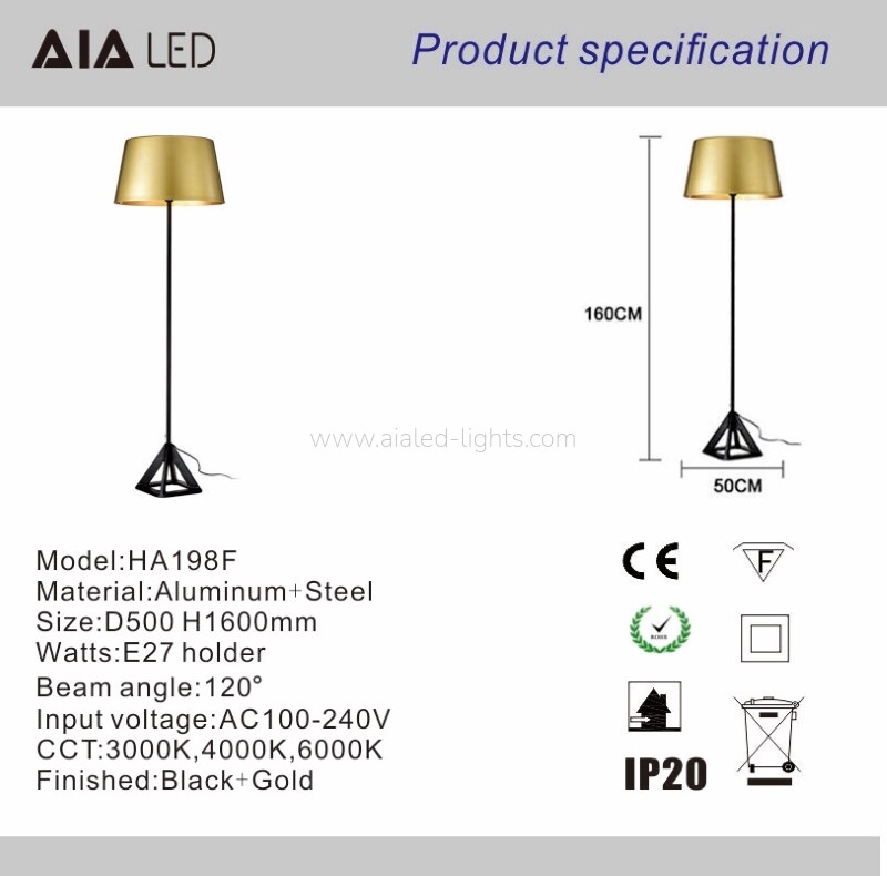 Floor Lamp standard Lamp E27 Gold Metal Shade