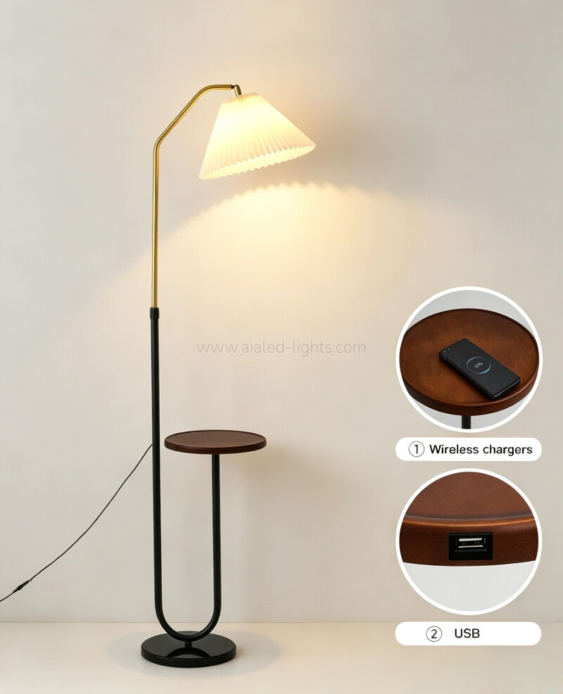 floor lamp with side table wireless charger usb port rotatable retractable floor light
