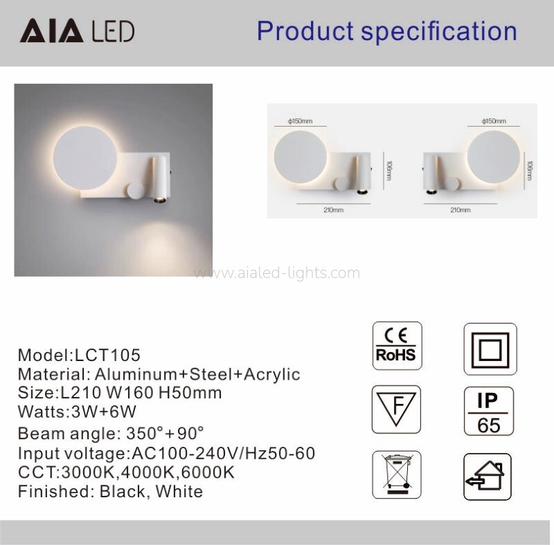 3W Spotlight Bedside Wall Lamp for Bedroom Hotel Villa Project