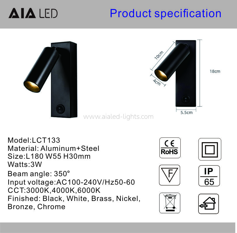 wall mounted wall lamp 3w reading spotlight for hotel