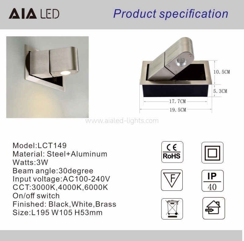 3W Recesed Modern Bedside Wall Lamps Heardboard Book SpotLight