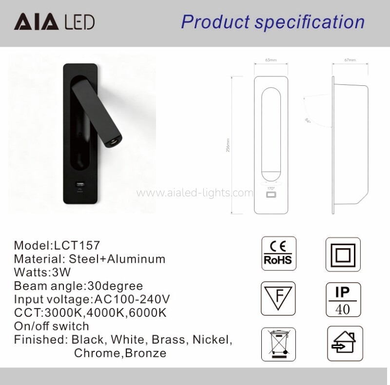 Built-in Reading Wall Lamp for Bedroom 3W spotlight