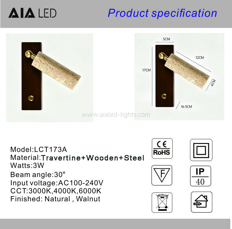 travertine wooden 3w bed reading wall lamp with pull chain or touch switch