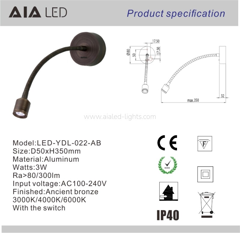 Wall Mounted Gooseneck Bedside Wall Lamp 3W Hotel Spotlight