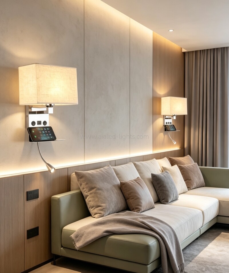 3W spotlight E27 Wall lamp with built‑in phone shelf and USB