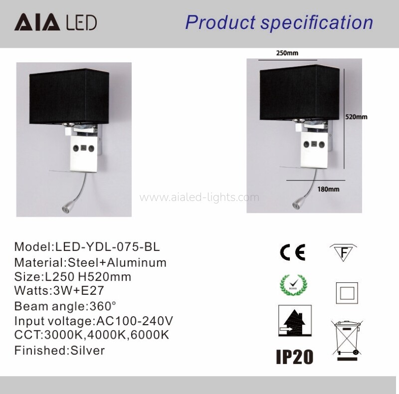 3W spotlight E27 Wall lamp with built‑in phone shelf and USB