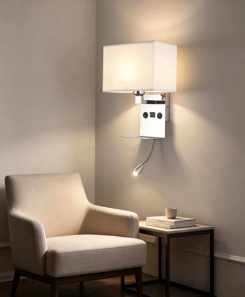 3W spotlight E27 Wall lamp with built‑in phone shelf and USB