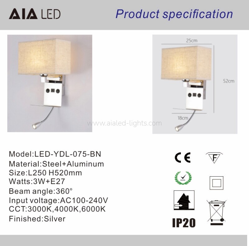 3W spotlight E27 Wall lamp with built‑in phone shelf and USB