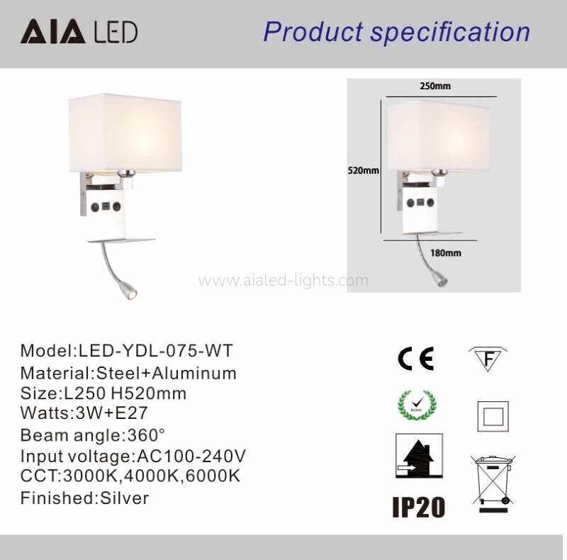 3W spotlight E27 Wall lamp with built‑in phone shelf and USB