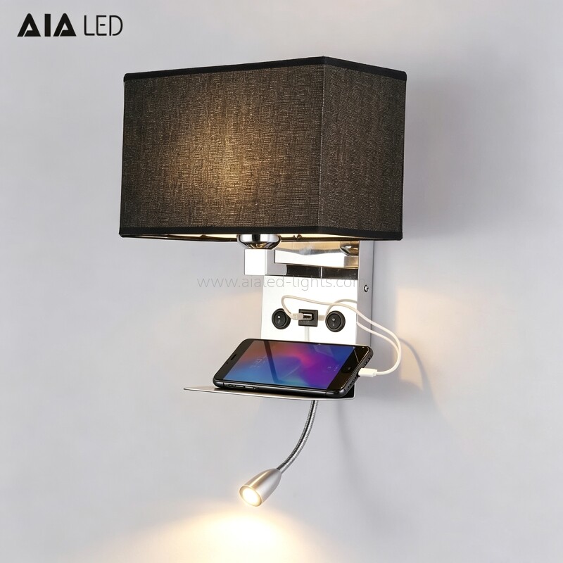 3W spotlight E27 Wall lamp with built‑in phone shelf and USB
