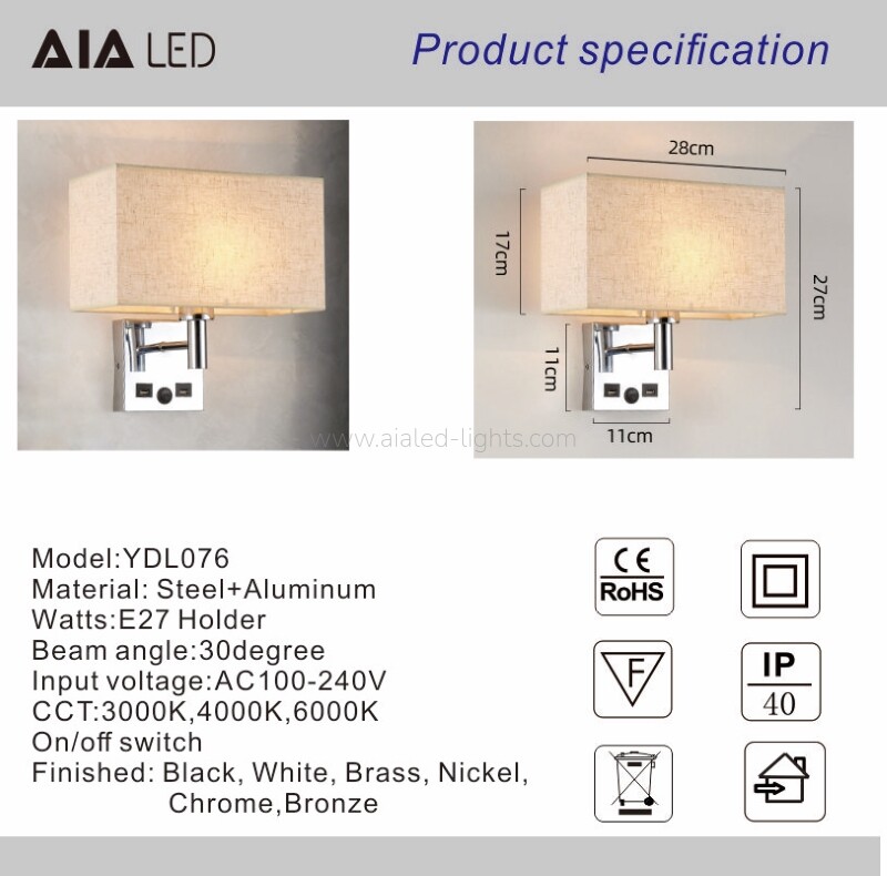 Wall Mounting Reading Lamp Fabric Shade E27 Wall Lamp USB or Type-C