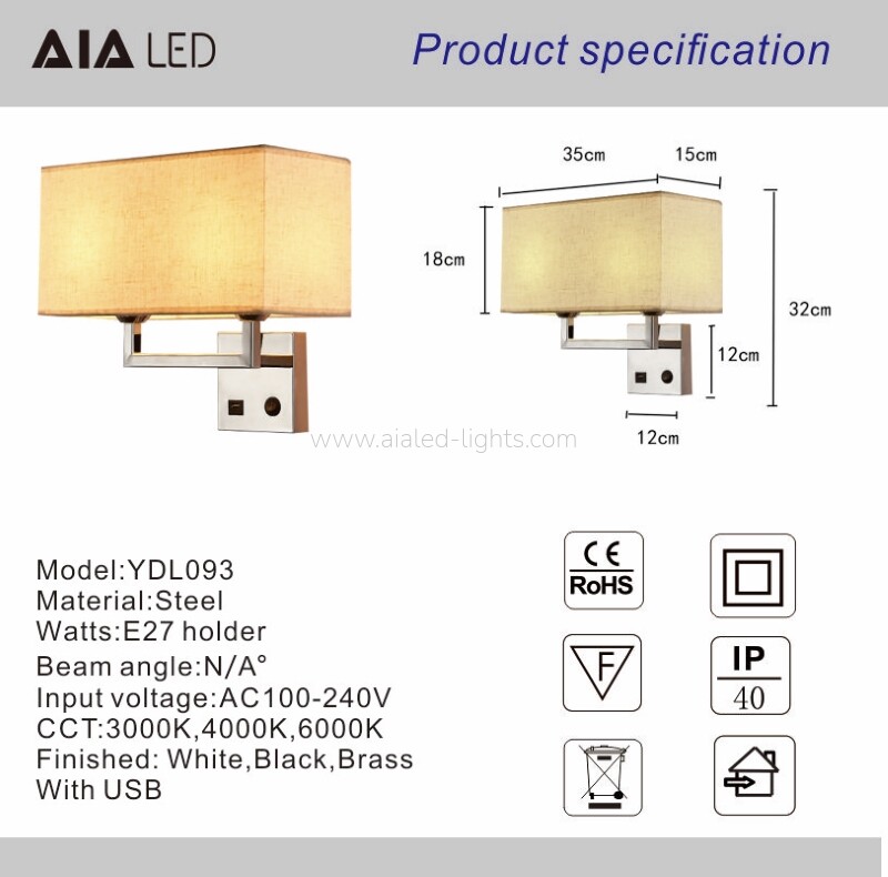 sqaure fabrid shade wall lamp sconce e27 wall light usb
