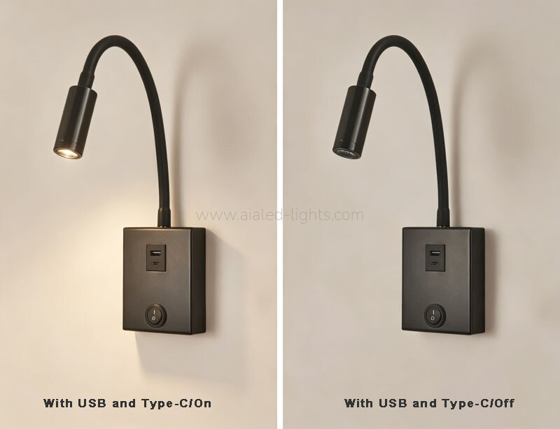 Rubber Gooseneck Bed Reading Wall Lamp USB Type-C 3W Spotlight