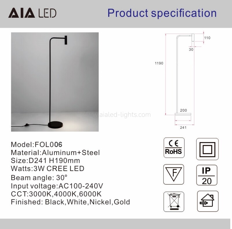 Scandinavian Rotatable Spotlight Floor Lamp Slim LED Accent Lamp for Living Room Corner 3W
