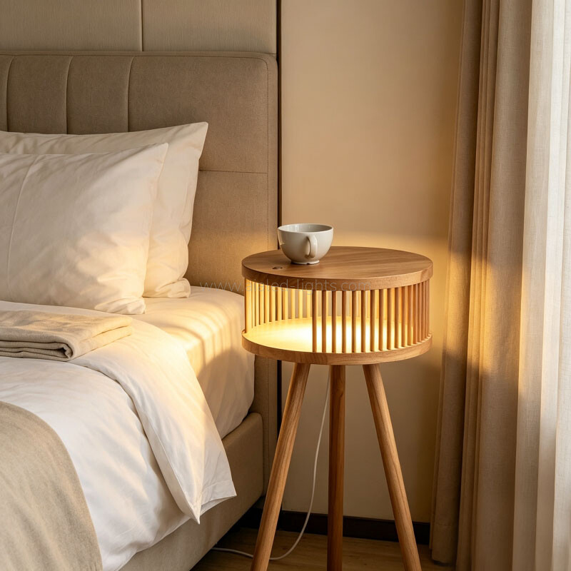 Wooden Tripod Floor Lamp with Tabletop and Open Storage Compartment Adjustable 3‑Color LED