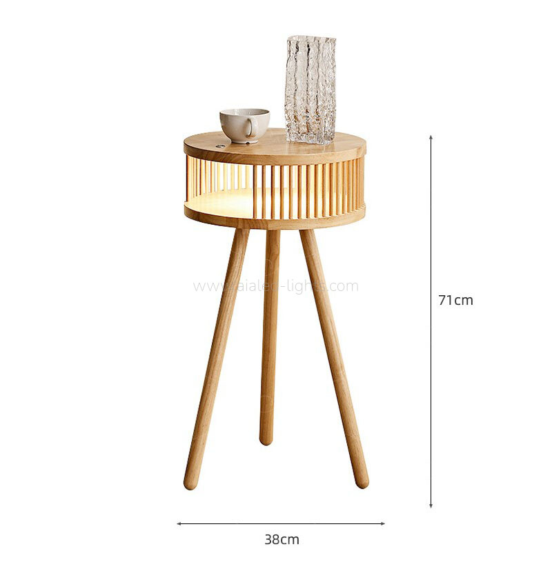 Wooden Tripod Floor Lamp with Tabletop and Open Storage Compartment Adjustable 3‑Color LED