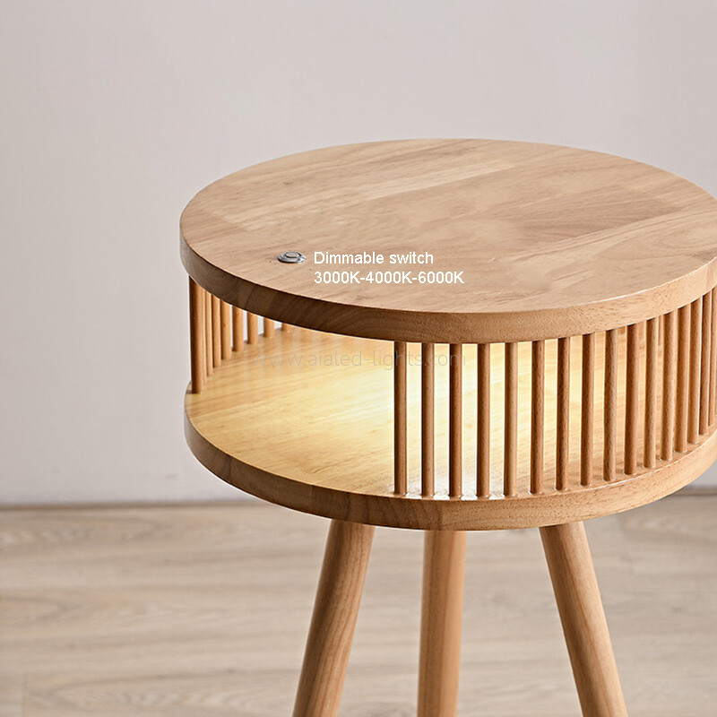 Wooden Tripod Floor Lamp with Tabletop and Open Storage Compartment Adjustable 3‑Color LED