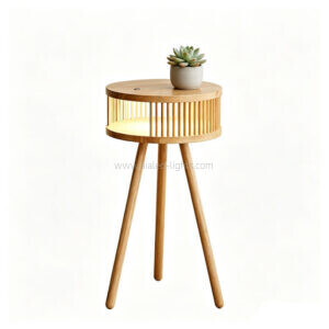 wooden tripod floor lamp with tabletop and open storage compartment adjustable 3‑color led