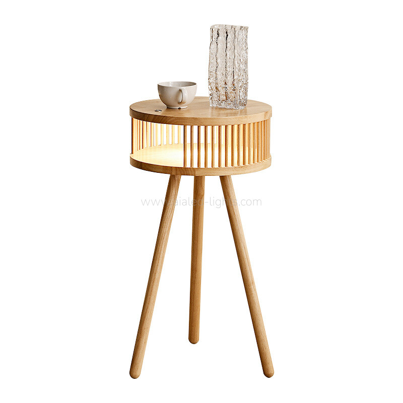 Wooden Tripod Floor Lamp with Tabletop and Open Storage Compartment Adjustable 3‑Color LED