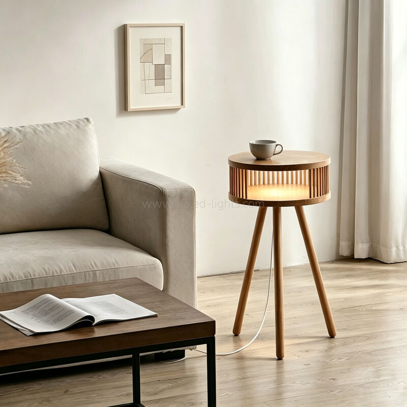 Wooden Tripod Floor Lamp with Tabletop and Open Storage Compartment Adjustable 3‑Color LED