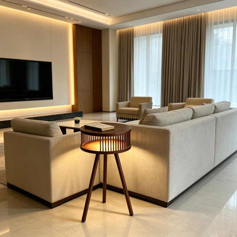 Wooden Tripod Floor Lamp with Tabletop and Open Storage Compartment Adjustable 3‑Color LED
