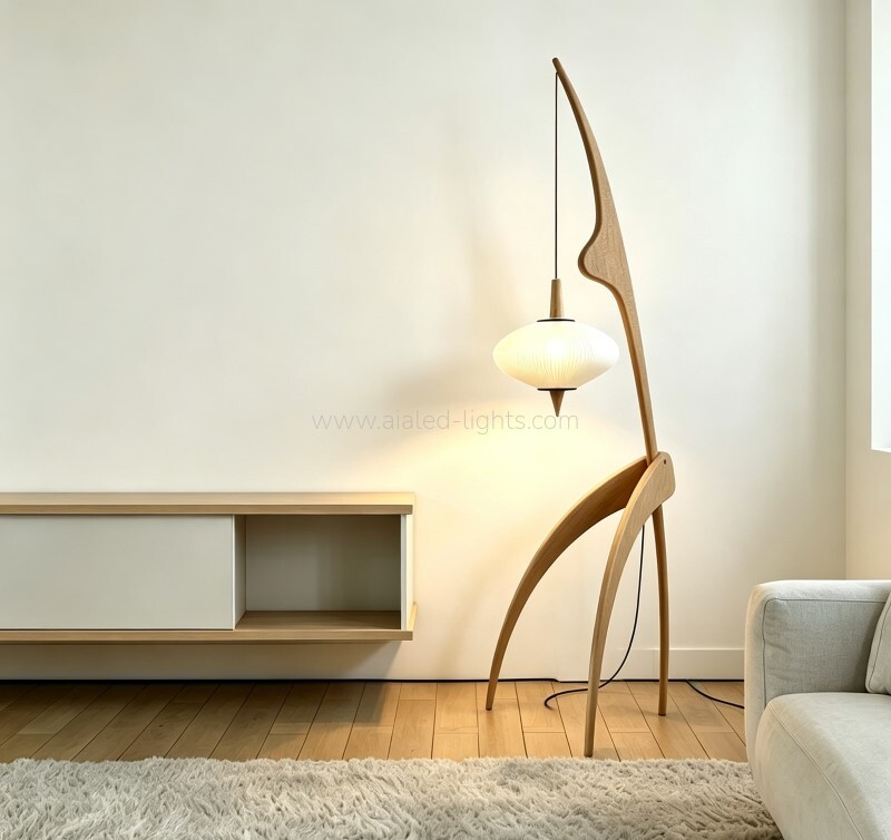 Wooden Arc Floor Lamp Minimalist Hanging Pendant Standing Lamp for Living Room Bedroom E27