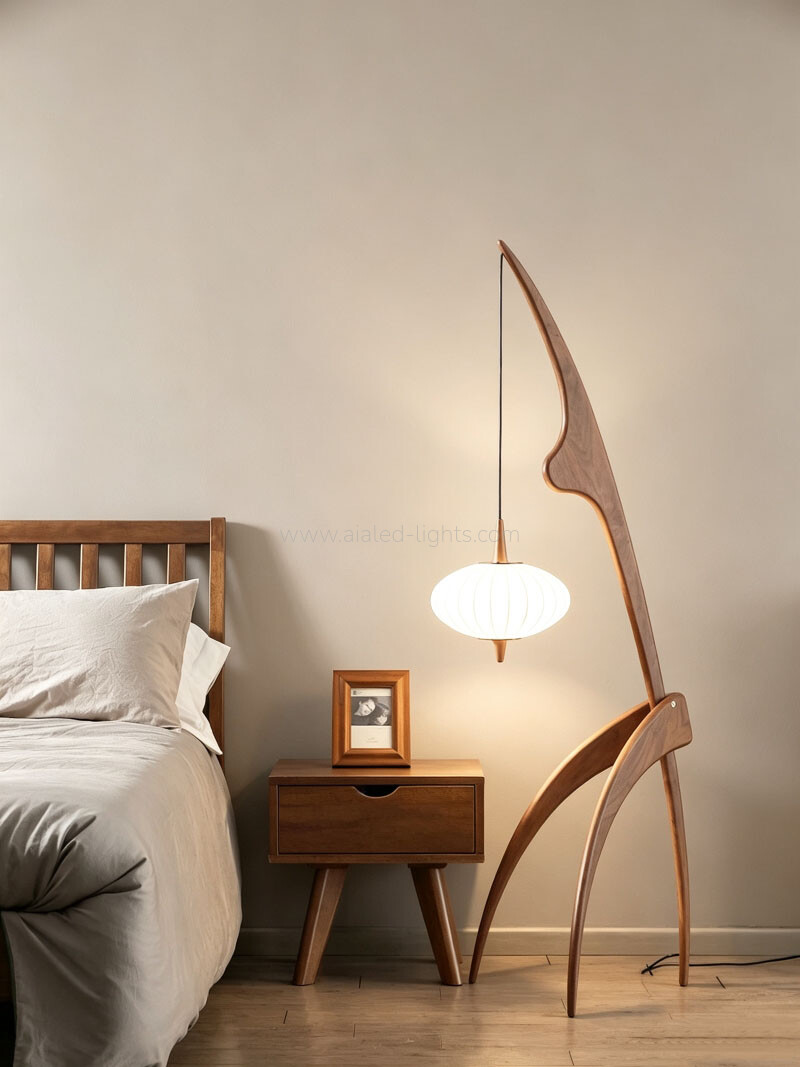 Wooden Arc Floor Lamp Minimalist Hanging Pendant Standing Lamp for Living Room Bedroom E27