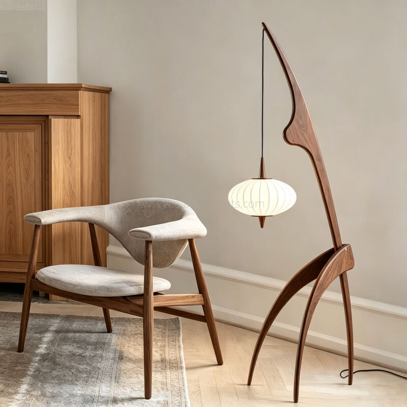 Wooden Arc Floor Lamp Minimalist Hanging Pendant Standing Lamp for Living Room Bedroom E27