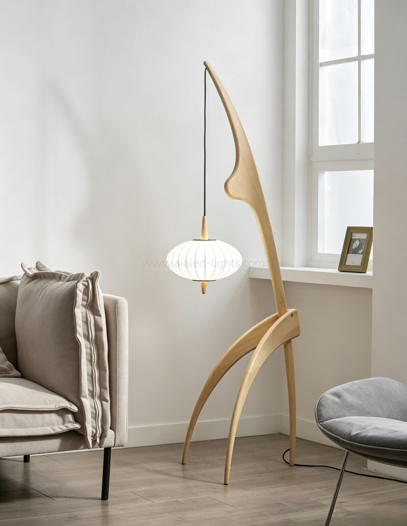 Wooden Arc Floor Lamp Minimalist Hanging Pendant Standing Lamp for Living Room Bedroom E27