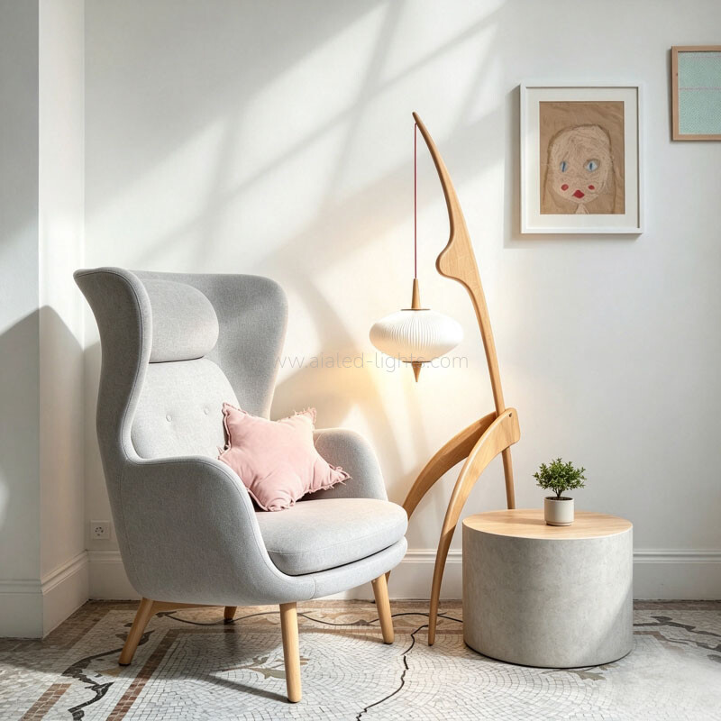 Wooden Arc Floor Lamp Minimalist Hanging Pendant Standing Lamp for Living Room Bedroom E27