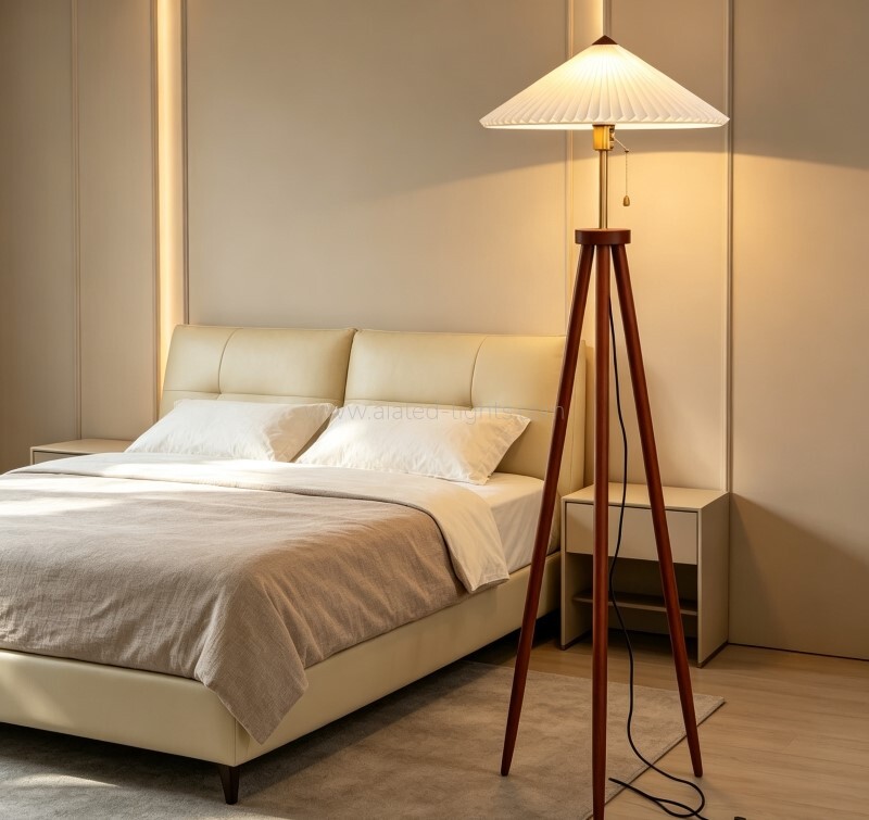 Wooden Tripod Floor Lamp Pleated Umbrella Shade E27 for Bedroom Hotel