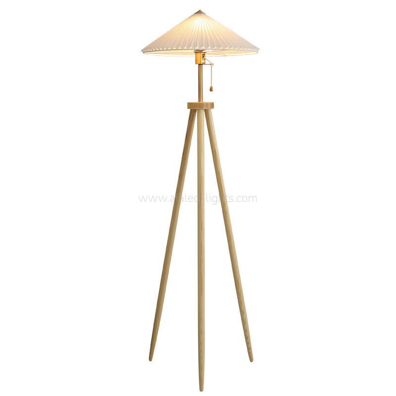 Wooden Tripod Floor Lamp Pleated Umbrella Shade E27 for Bedroom Hotel