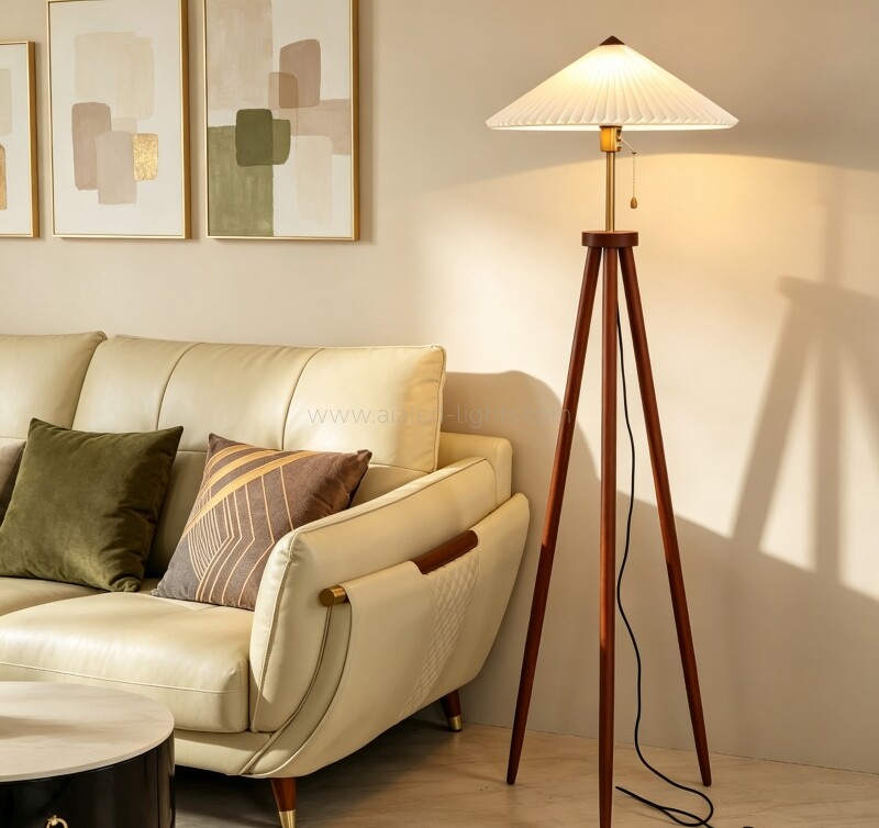 Wooden Tripod Floor Lamp Pleated Umbrella Shade E27 for Bedroom Hotel
