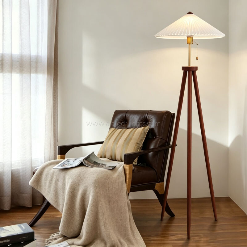 Wooden Tripod Floor Lamp Pleated Umbrella Shade E27 for Bedroom Hotel