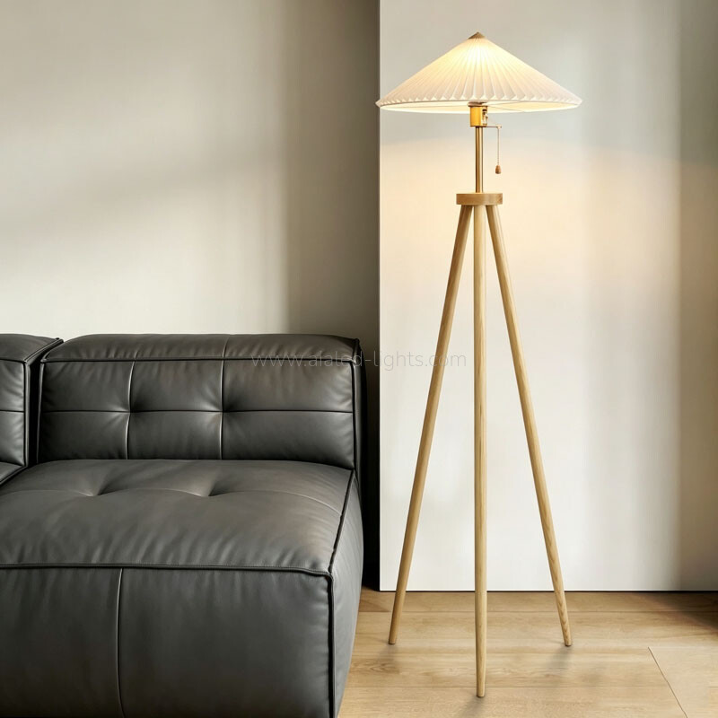 Wooden Tripod Floor Lamp Pleated Umbrella Shade E27 for Bedroom Hotel