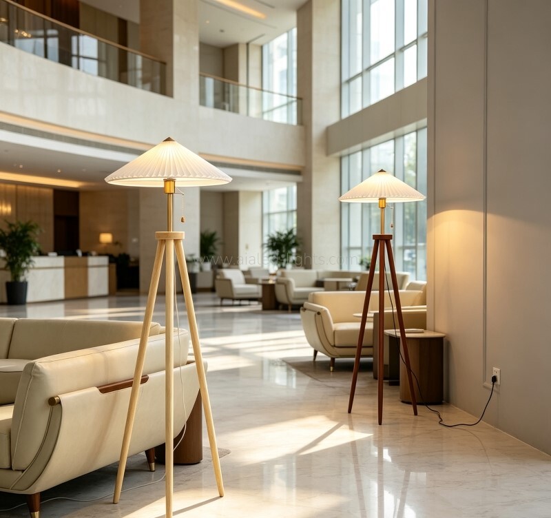 Wooden Tripod Floor Lamp Pleated Umbrella Shade E27 for Bedroom Hotel