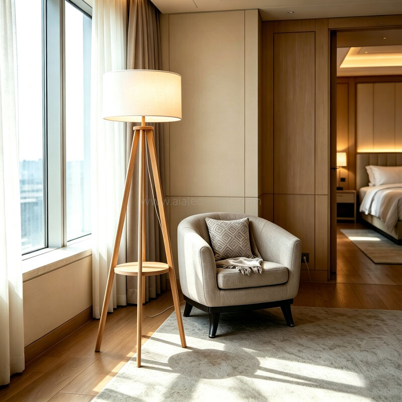 Wooden Tripod Floor Lamp With Table Linen Shade E27 for Vacational Village 