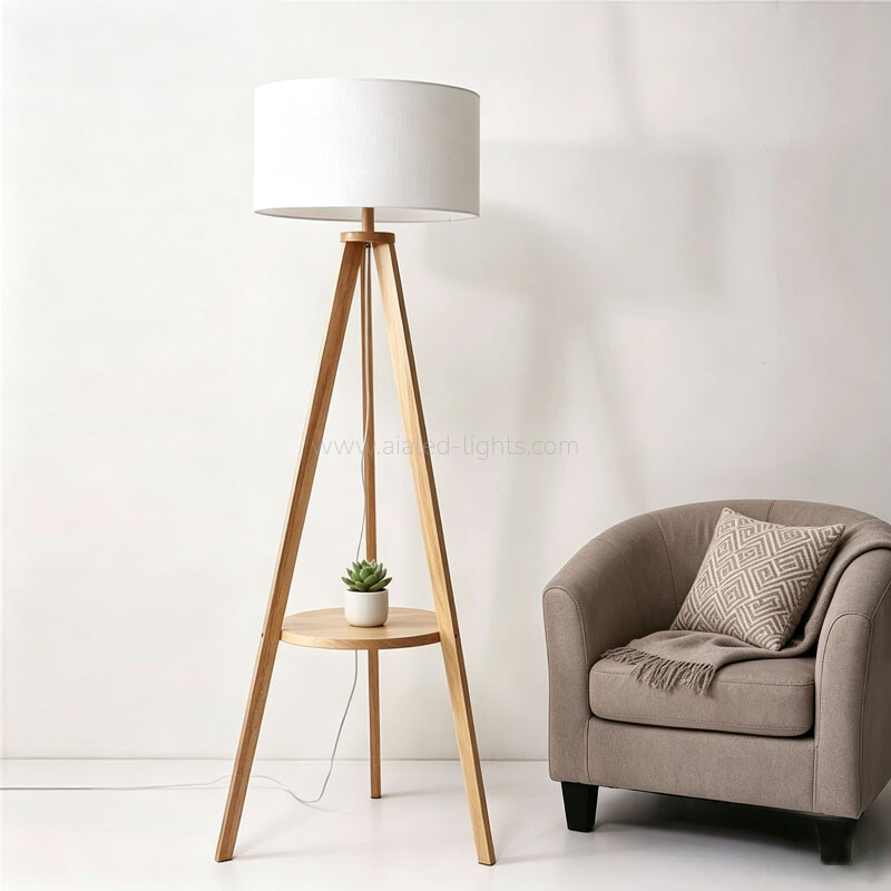 Wooden Tripod Floor Lamp With Table Linen Shade E27 for Vacational Village 