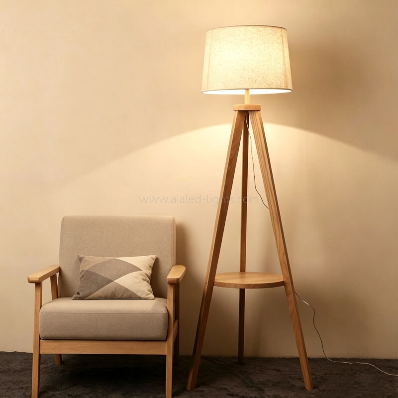 Wooden Tripod Floor Lamp With Table Linen Shade E27 for Vacational Village 