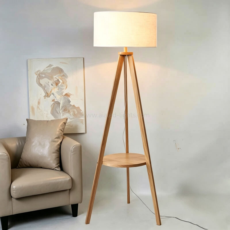 Wooden Tripod Floor Lamp With Table Linen Shade E27 for Vacational Village 