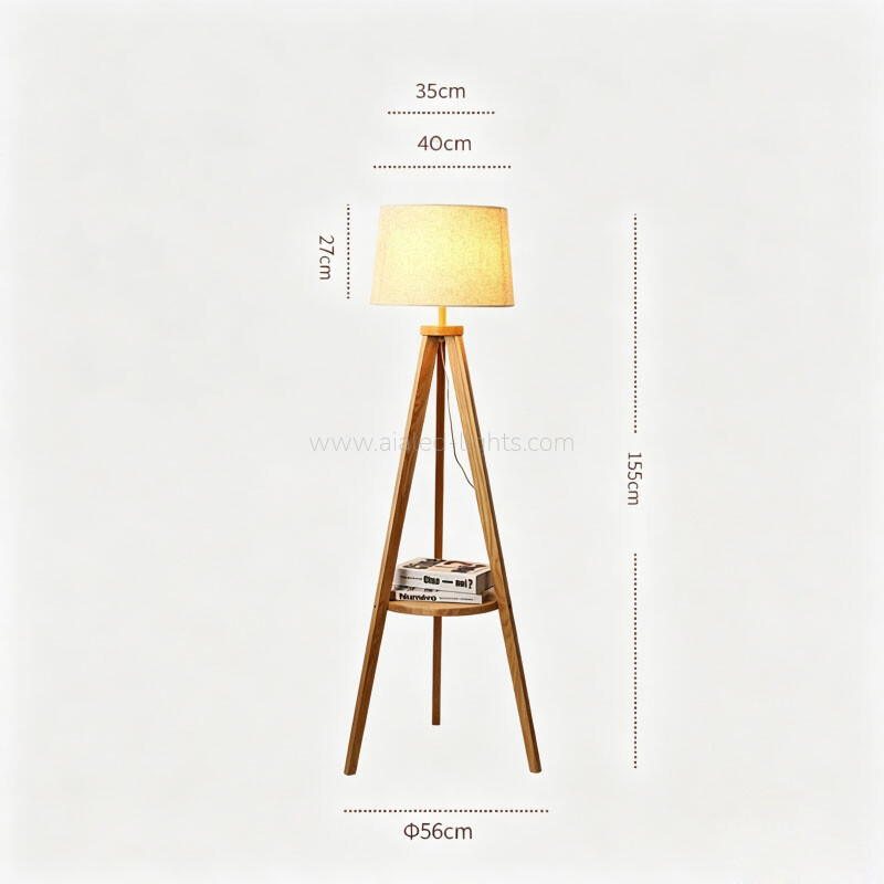 Wooden Tripod Floor Lamp With Table Linen Shade E27 for Vacational Village 