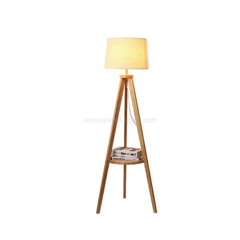 Wooden Tripod Floor Lamp With Table Linen Shade E27 for Vacational Village 