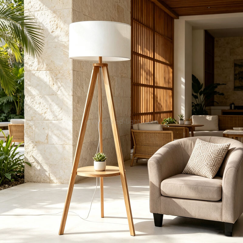 Wooden Tripod Floor Lamp With Table Linen Shade E27 for Vacational Village 