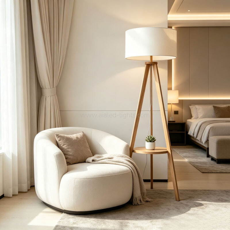 Wooden Tripod Floor Lamp With Table Linen Shade E27 for Vacational Village 