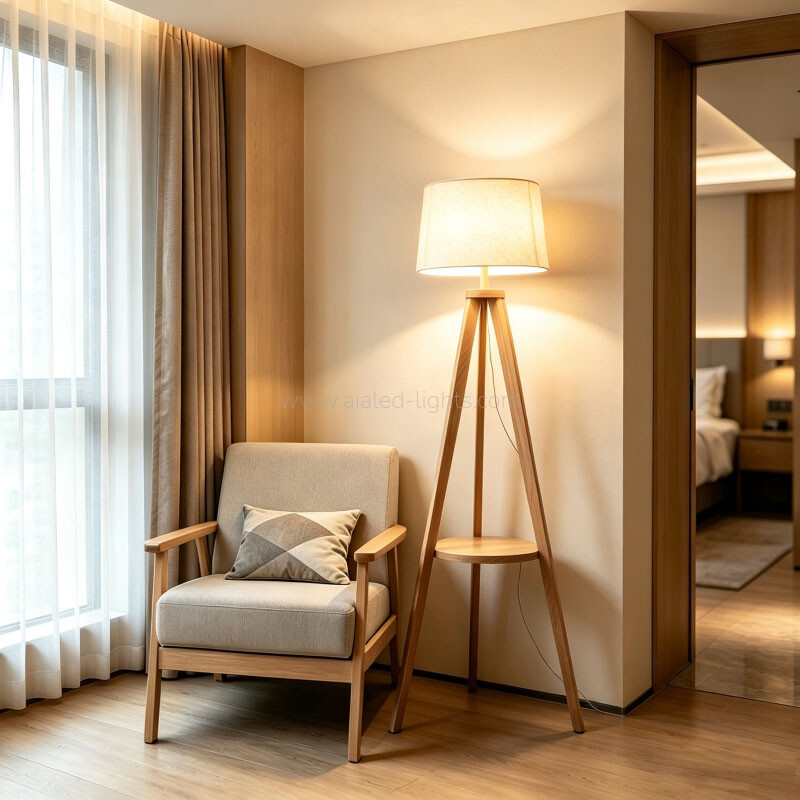 Wooden Tripod Floor Lamp With Table Linen Shade E27 for Vacational Village 