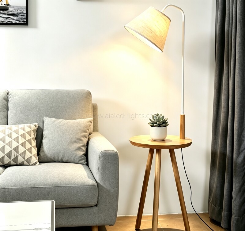 Wooden Floor Lamp Standing Lamp With Side Table for Hotel Villa Bedroom E27