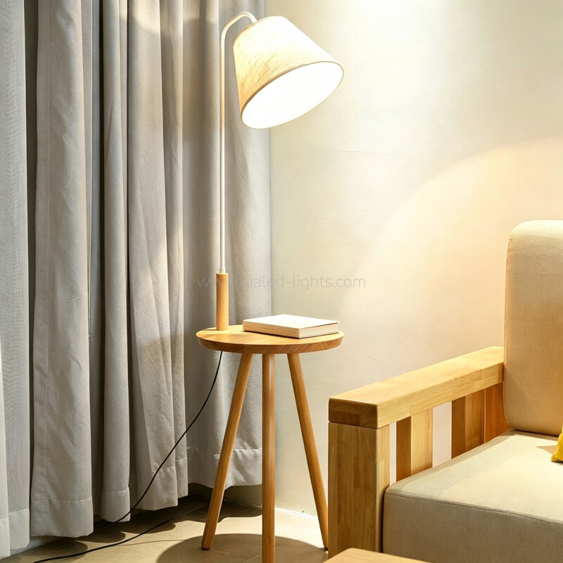 Wooden Floor Lamp Standing Lamp With Side Table for Hotel Villa Bedroom E27