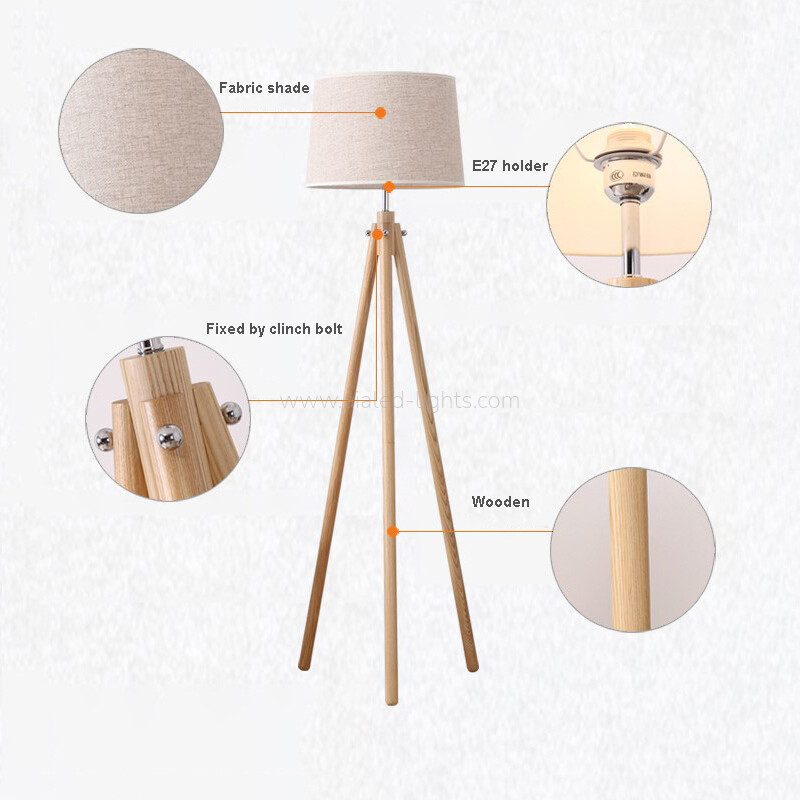 Solid Wood Tripod Floor Lamp Fabric Shade E27 Modern Nordic Luxury Home Standing Light